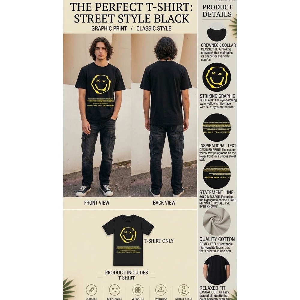 Phora Yours Truly Black Smiley Face Graphic T Shirt